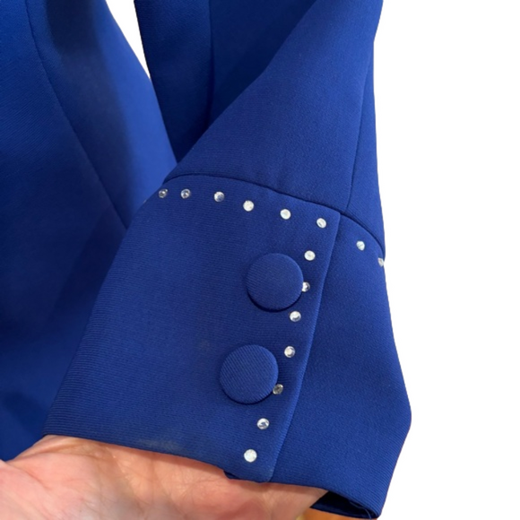 90s 3 PC NIGHT STUDIO NY BLUE W RHINESTONE BORDERED BLAZER, TOP & MIDI SKIRT 6 - Picture 5 of 17